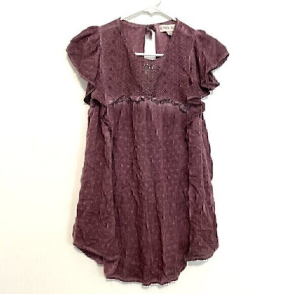 KNOX ROSE Purple Swiss Dot Crochet Eyelet Tie Bow Back Short Flutter Sleeve Top - Picture 1 of 13